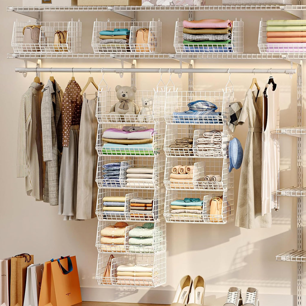 6 Tier Extra Large Hanging Closet Organizer, Closet Storage Hanging with Dividers, Wire Closet Shelf with 5 S Hooks 4 Dividers,Sweater Handbag Hat