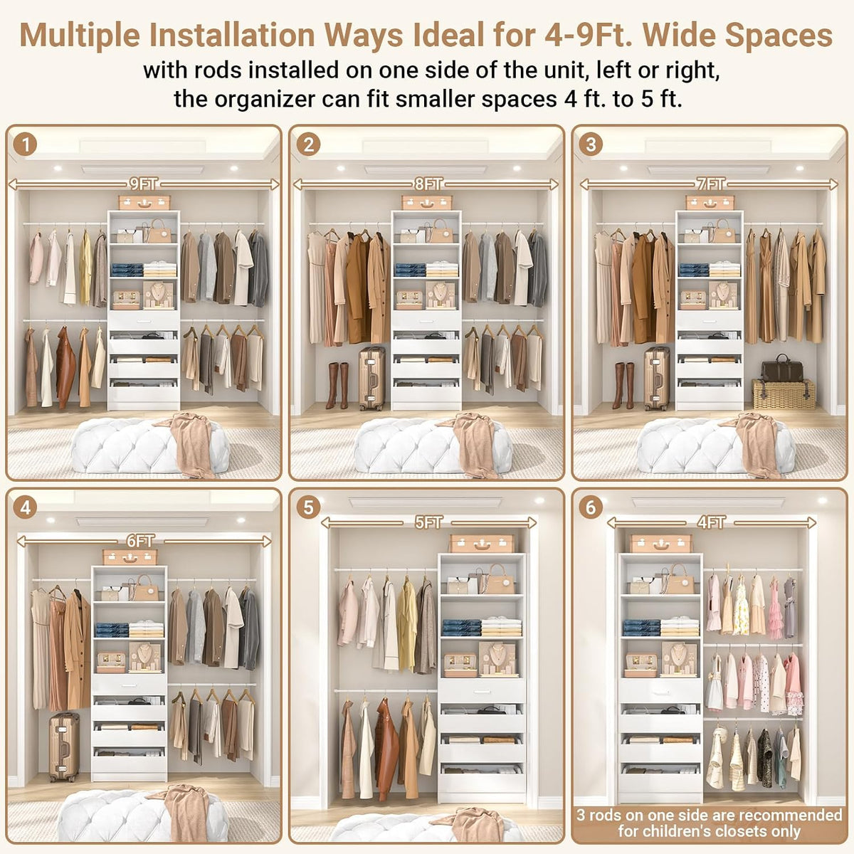 Aheaplus Closet System, 4-9Ft Closet Organizer with 4 Wooden Drawers, White