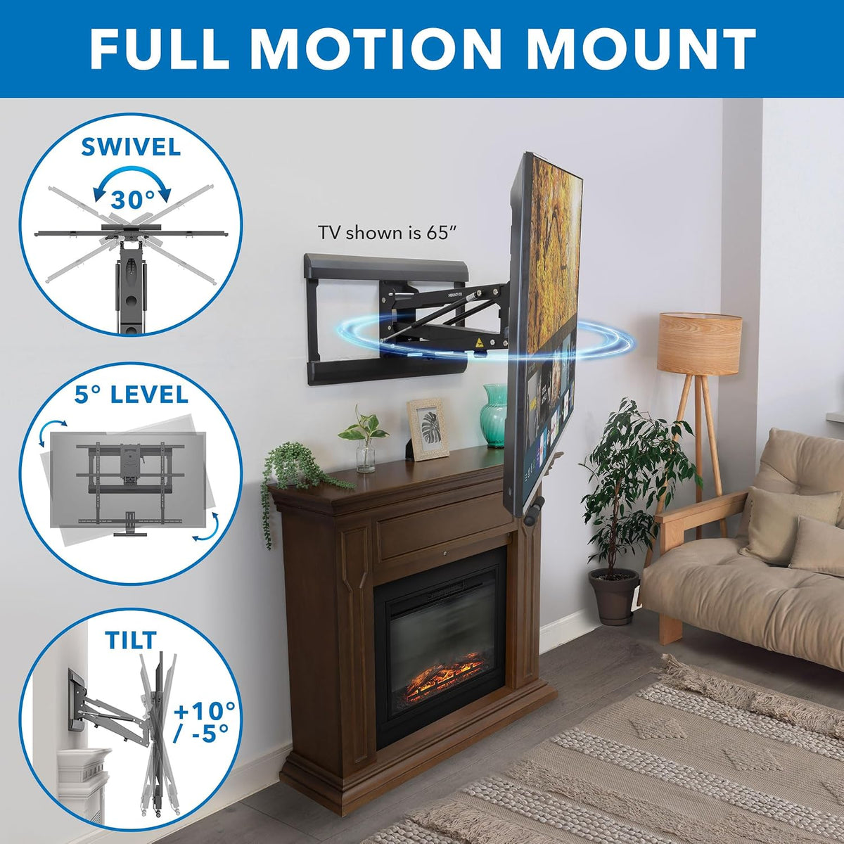 Mount-It! Fireplace Mantel TV Wall Mount, Above Fireplace Height Adjustable TV Mount, Pull Down Mantle Mount with Spring Assist, 65-85 inches, VESA