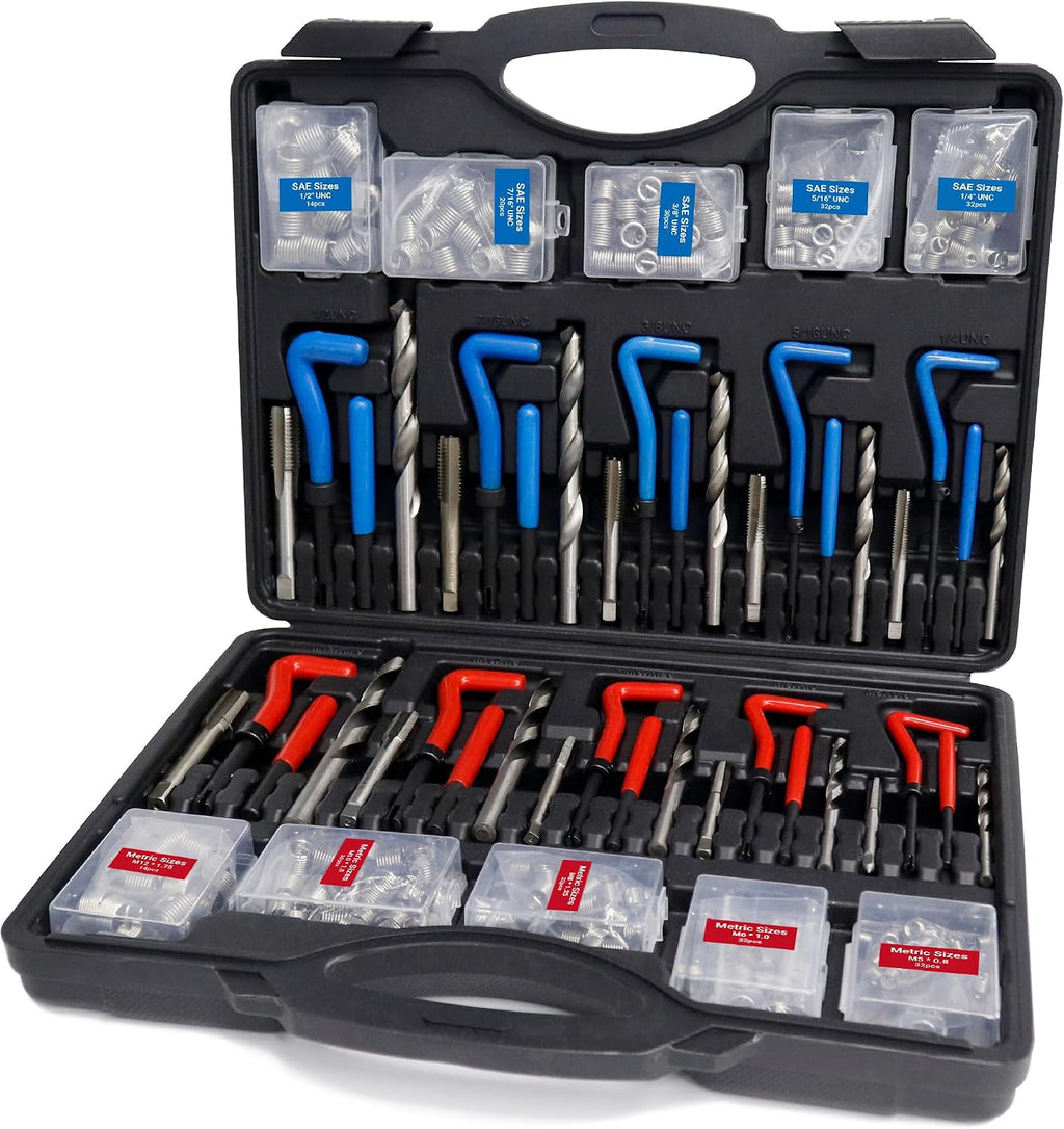 Helicoil Thread Repair Tool Kit 320-Piece: SAE (1/4"-1/2") & Metric (M5-M12) | Includes HSS Drill Bits, Taps, 304SS Inserts & Break-Off Tools