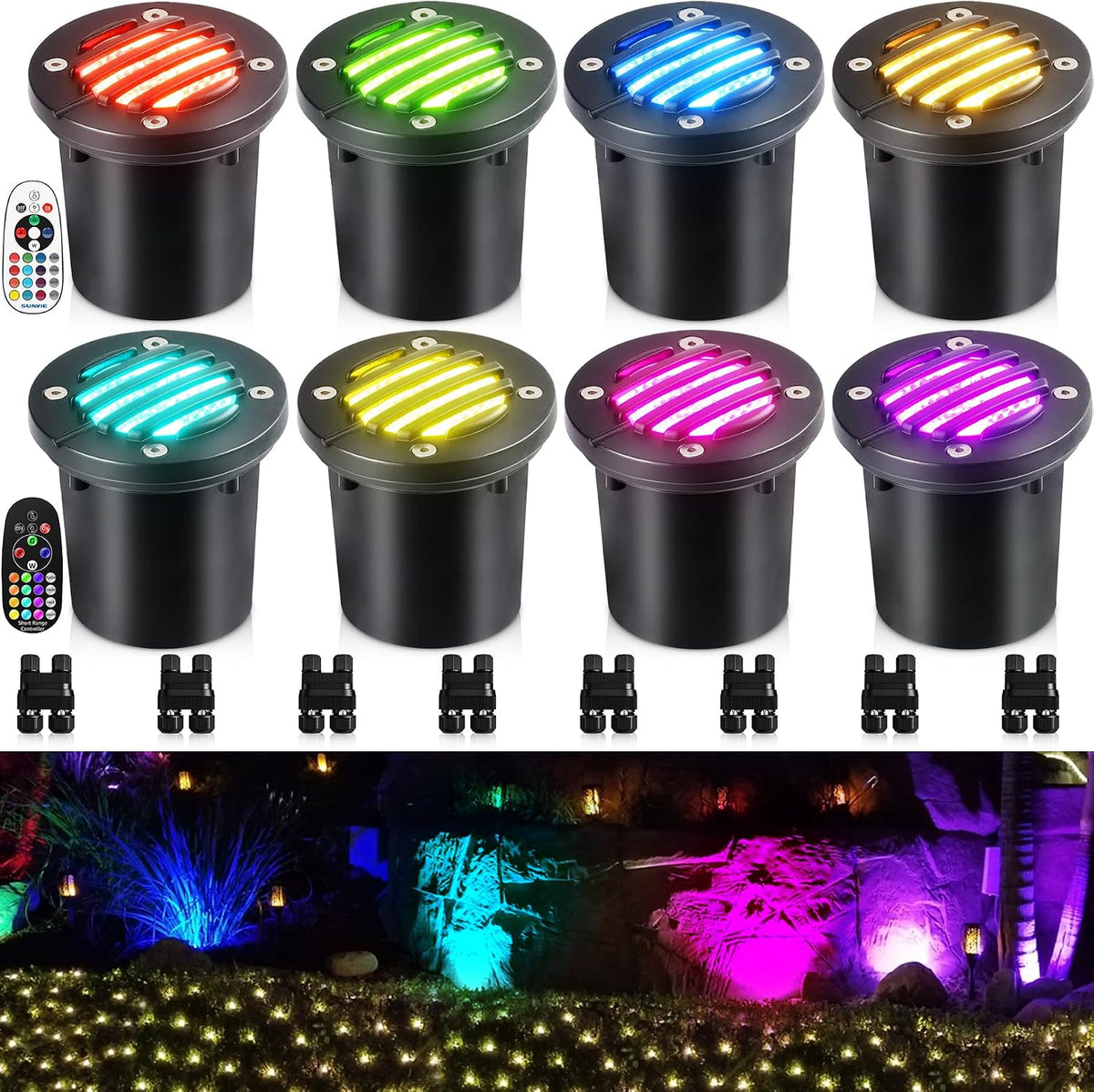 SUNVIE 8-Pack RGB Well Lights Low Voltage Landscape Lighting, Grated Top