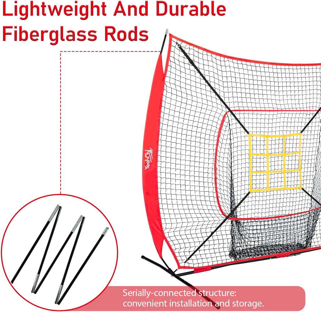 7x7 Ft Baseball and Softball Training Net with Batting Tee, Strike Zone Target, Portable Hitting and Pitching Practice Set