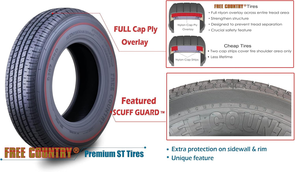Free Country Trailer Tire Wheel ST205/75R15 8PR D 107N 5X4.5 Black Mod Pk2