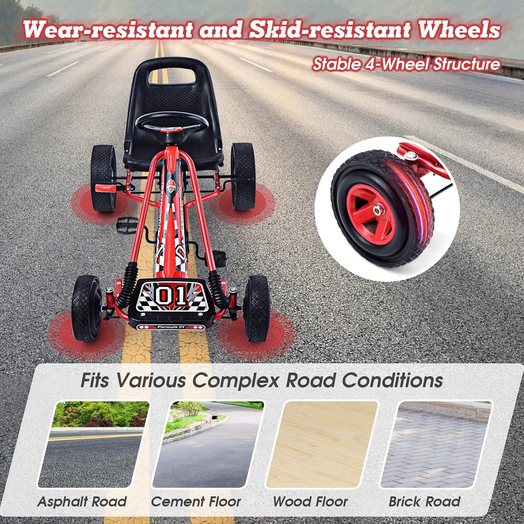 HONEY JOY Go Kart for Kids, 4 Wheel Quad Off-Road Pedal On Foot Go Cart w/Steering Wheels & Adjustable Seat, 2 Safety Brakes, EVA Tires, Clutch