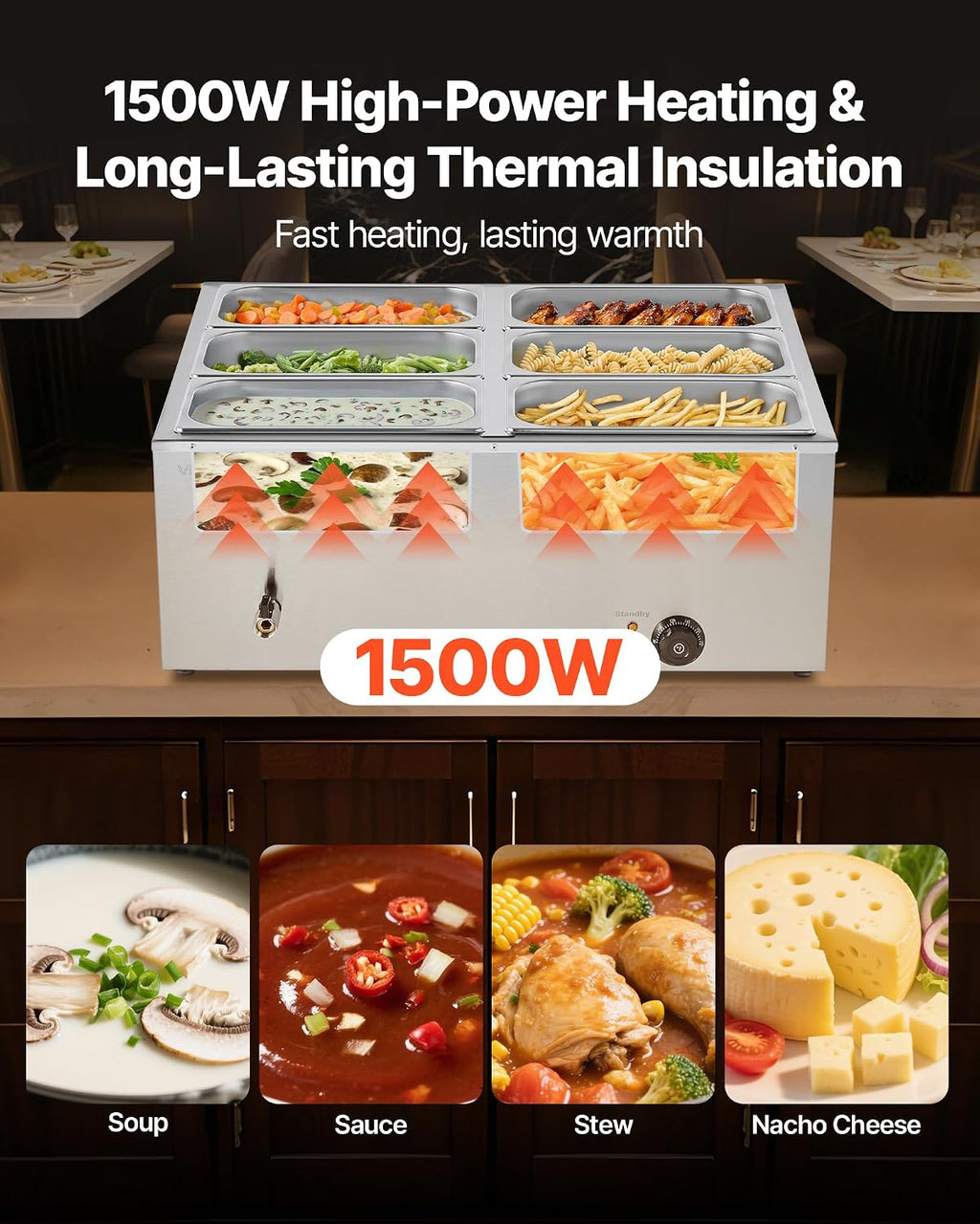 VEVOR 6-Pan Commercial Food Warmer 1500W Electric Steam Table 48QT 6x1/3Pan
