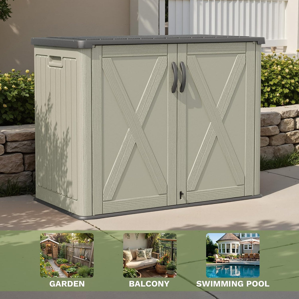 Patiowell Resin Outdoor Storage Cabinet, 26 Cu.ft Horizontal Storage Shed