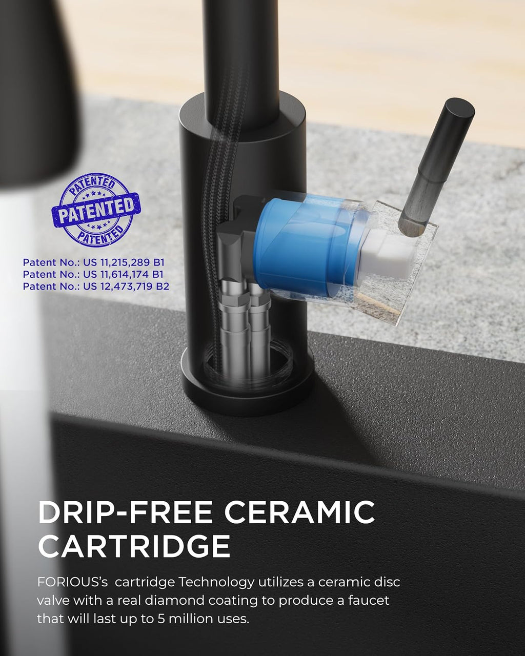 FORIOUS Black Kitchen Faucet with Pull Down Sprayer, Stainless Steel