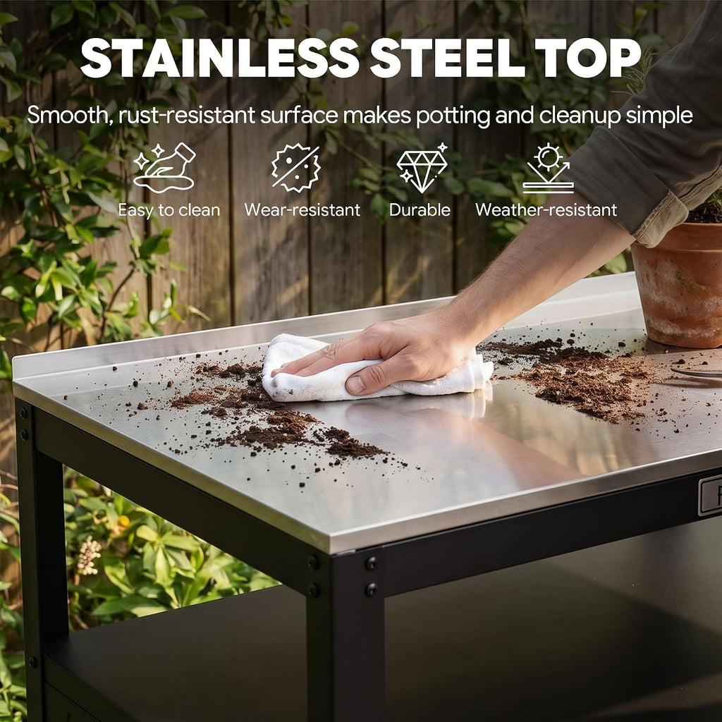 Feasto Metal Outdoor Potting Bench with Storage Cabinet for Garden Work