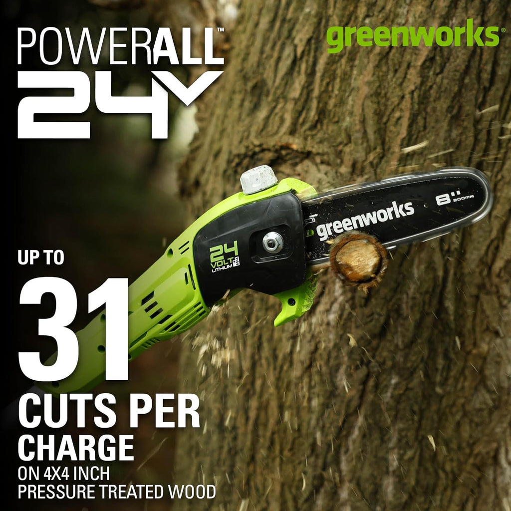 Greenworks 24V 8" Polesaw, 2.0Ah Battery and Charger Included