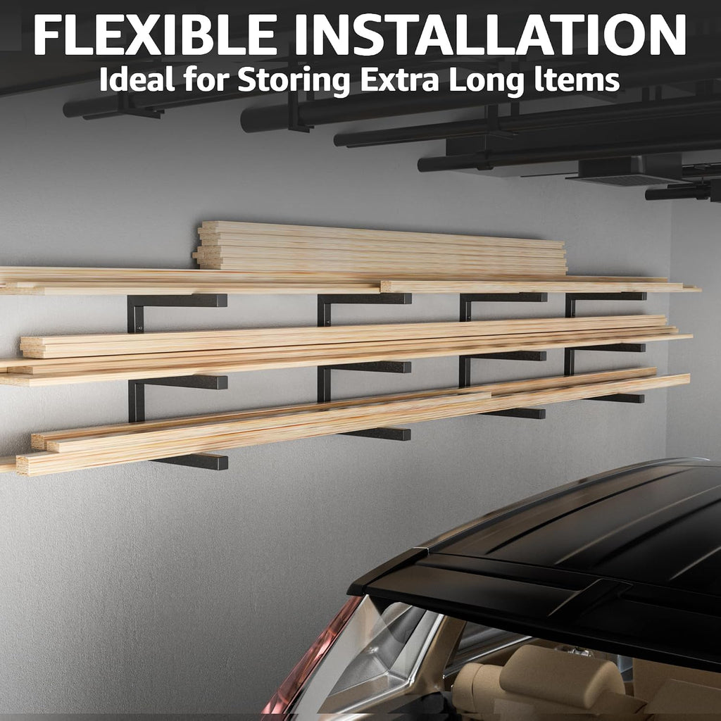 Wood Organizer and Lumber Storage Rack Wall Mount, Heavy Duty Metal Shelf with 6-Level Holds Up 1200 LBS, Indoor & Outdoor Use - Black