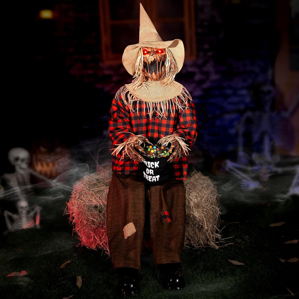 Halloween Animatronics Decorations Scary Sitting Scarecrow with Candy Bag, 55'' Animated Jumpscare Halloween Props with Sound & Motion Activated