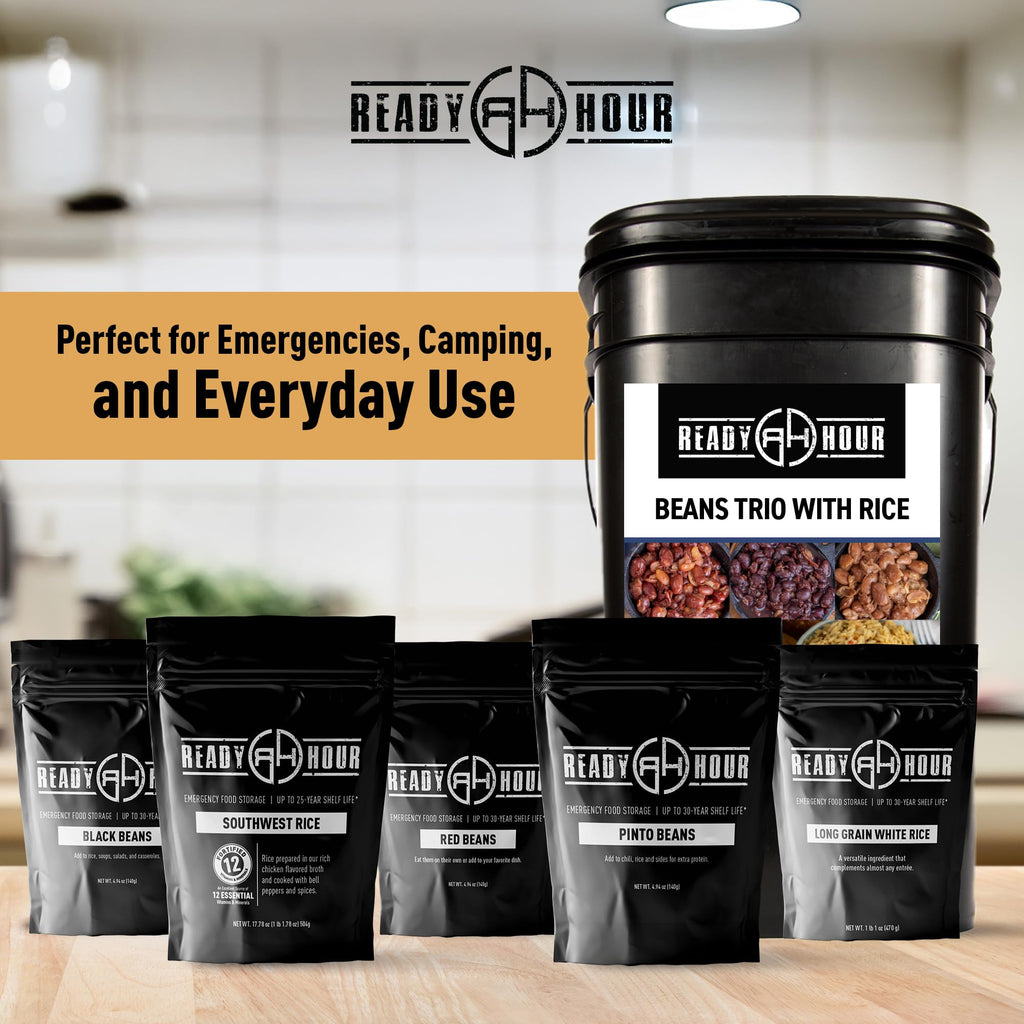 Ready Hour Beans Trio with Rice Kit Bucket (100 Servings) Survival Beans and Rice, Survival Food Storage, Emergency Preparedness Food, Prepper, Easy