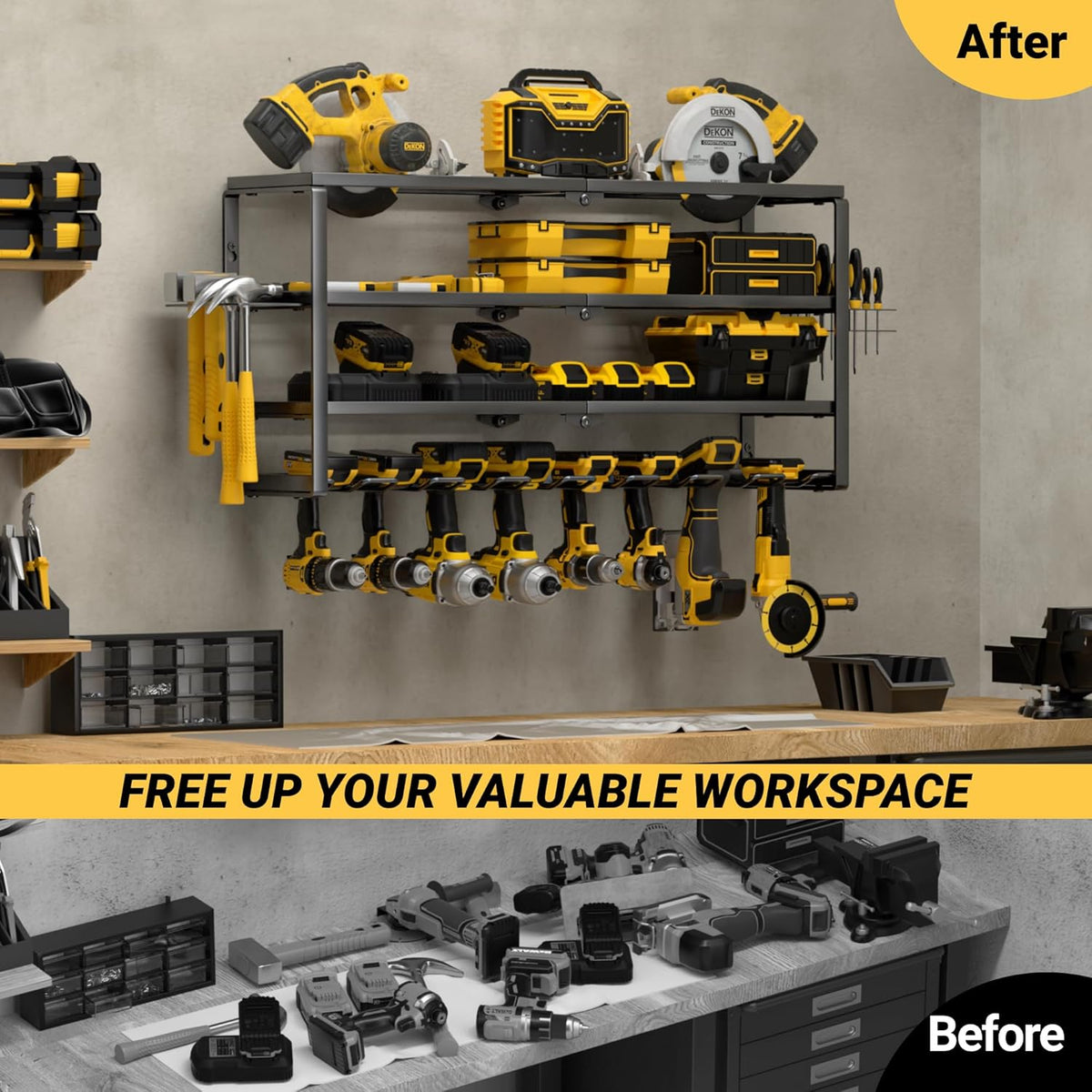 4 Layer Power Tool Organizer Wall Mount, Cordless Drill Hanger Storage Rack, Battery Tools Holder with Charging Station Shelf for Garage Organization