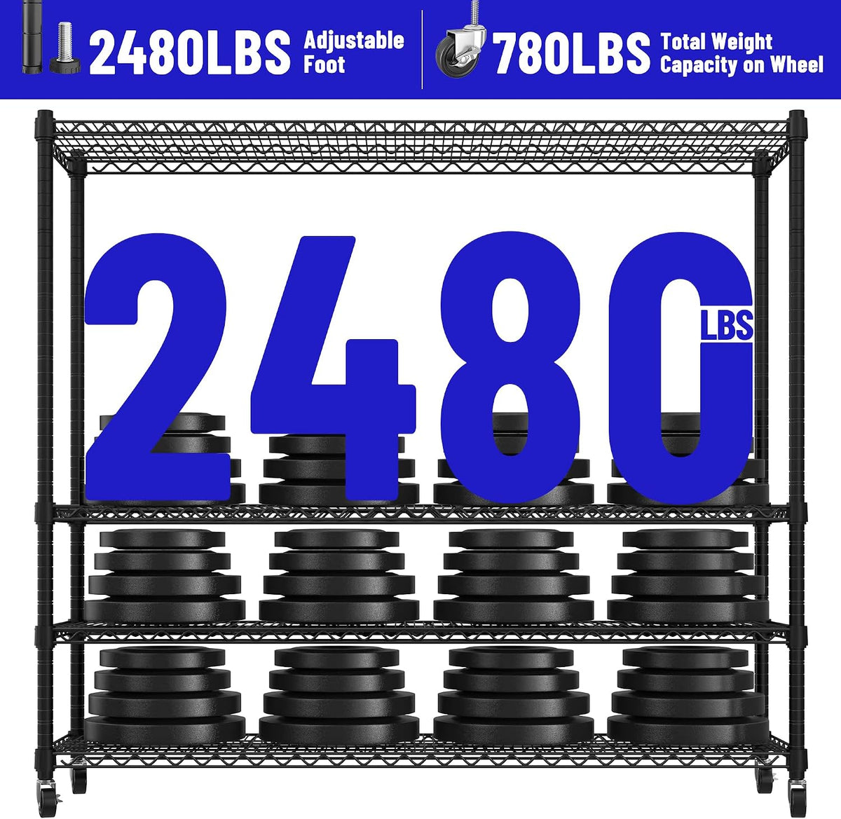 REIBII 4-Tier Heavy Duty Shelving with Wheels, 2480LBS Storage Shelf Rack