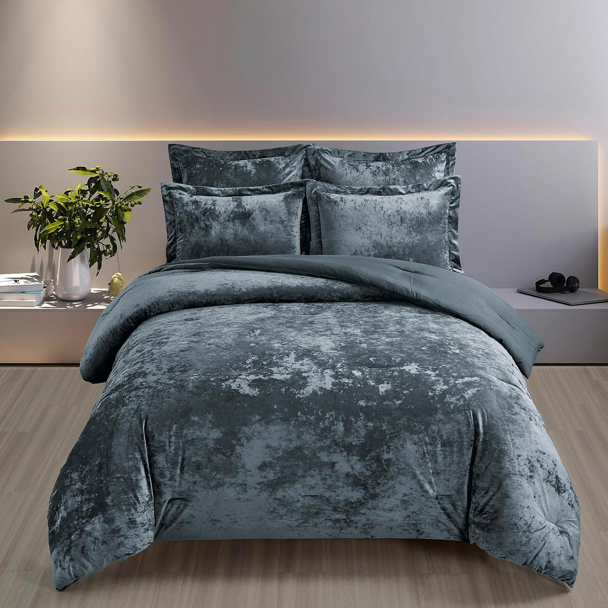 Fredsure Distressed Velvet Comforter Set, 5 Pieces Smoke Blue King, Distressed Velvet Face and Brushed Microfiber Reverse