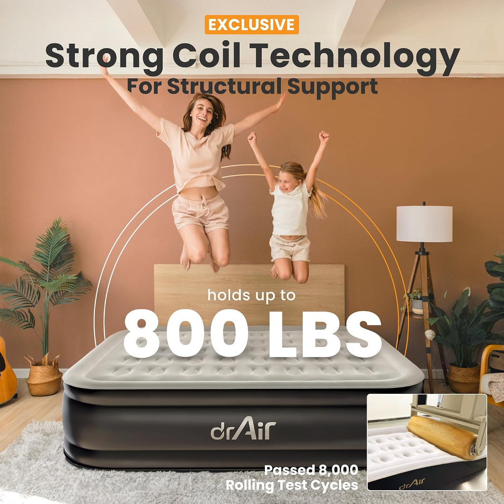 Dr. air Queen Air Mattress with Built-in Pump, 18" Raised Blow Up Mattress, 800 lbs Max Honeycomb Air Bed, 48Hr Leak-Proof Test, 3min Inflatable