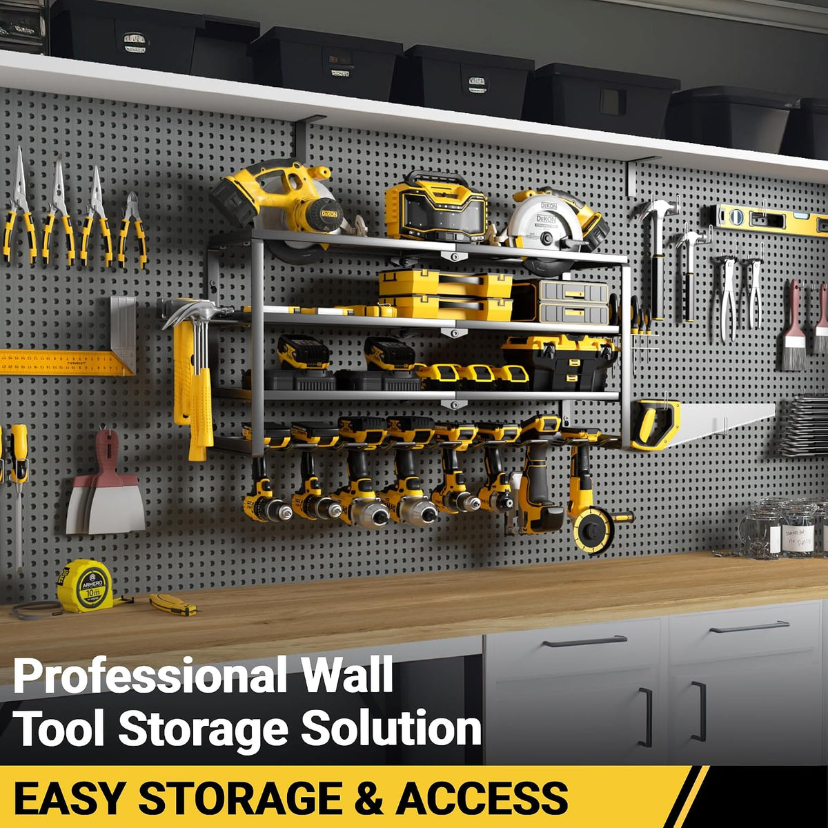 4 Layer Power Tool Organizer Wall Mount, Cordless Drill Hanger Storage Rack, Battery Tools Holder with Charging Station Shelf for Garage Organization