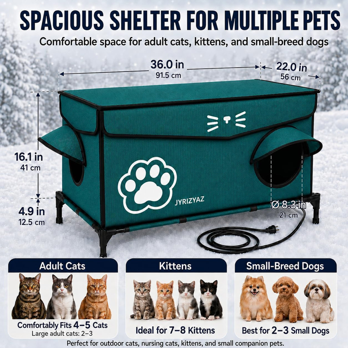 Heated Cat House for Outside, 36"x22"x21" Large Size Winter Insulated Waterproof Outdoor Cat House with Heating Pad, Elevated Weatherproof Feral Cat