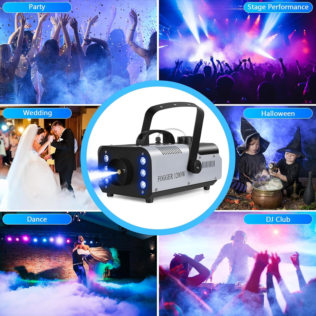 1200W Fog Machine,Halloween Smoke Machine with 6 LED Lights&Remote Control