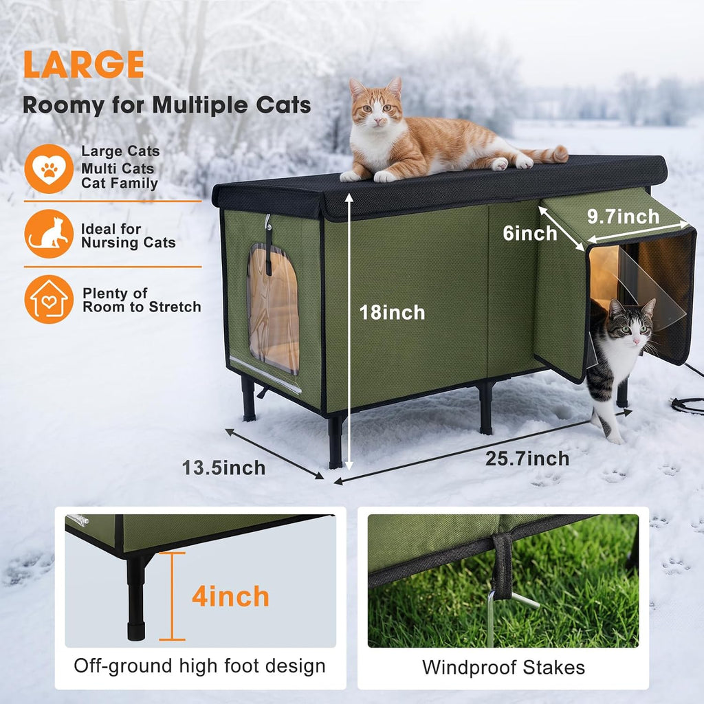 Heated Cat House for Outside, Insulated Large Elevated Waterproof Feral Cat Shelter with Heated Pad, Safe Escape Door All-Round Insulated Cotton and