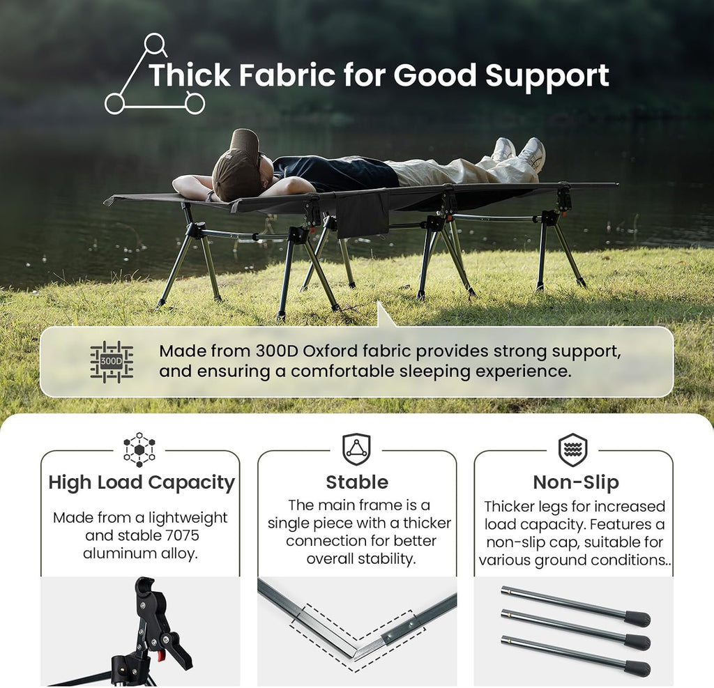 ONETIGRIS SUPRANUBIS Camping Cot, High/Low Options, Sturdy Support 330lbs