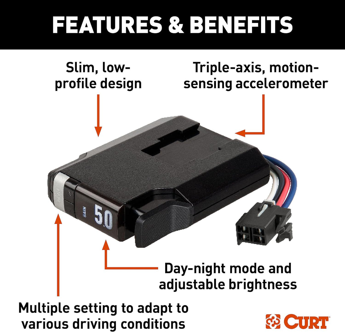 CURT 51146 TriFlex Next Proportional Inertia Electric Trailer Brake Controller, Fully Adjustable, Low Profile, 2-4 Axles, Plug-and-Play