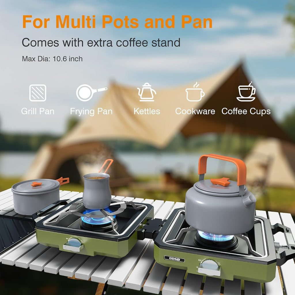 2 Burner Camping Stove with Windshield, 20000 BTU Propane Camp Stove, Portable Folding Gas Stove, Camping Essentials Gear Includes Frying Pan, Coffee