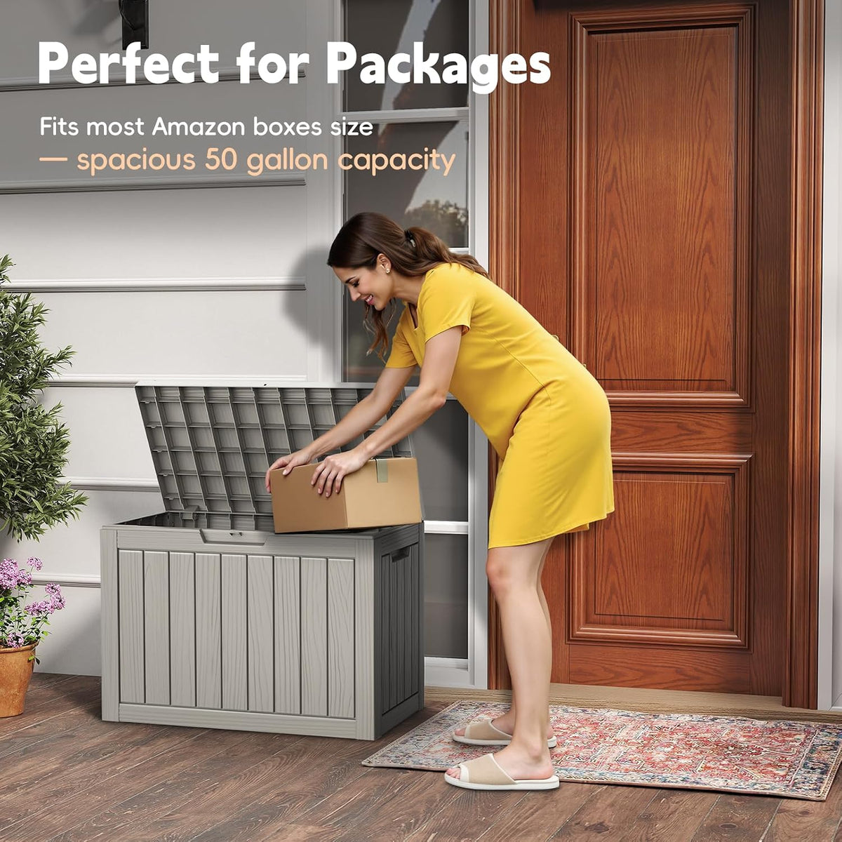 Outdoor Storage Box, 50 Gallon Waterproof Resin Deck Box, Storage Bin for Package Delivery, Patio Furniture Cushion, Garden Tools, Pool Accessories