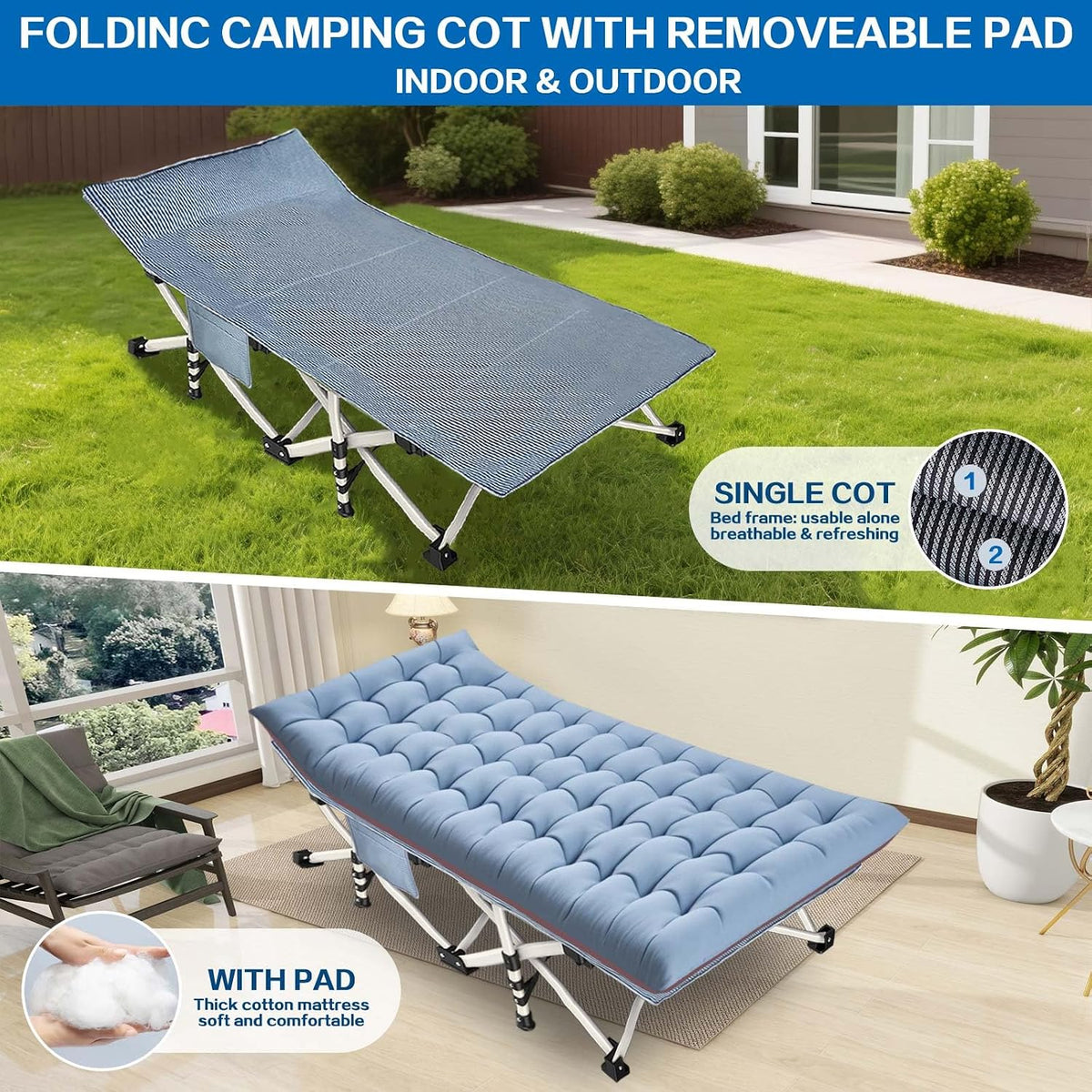 Oversize 32" Camping Cot with Mattress, 900LBS Camping cots for Adults
