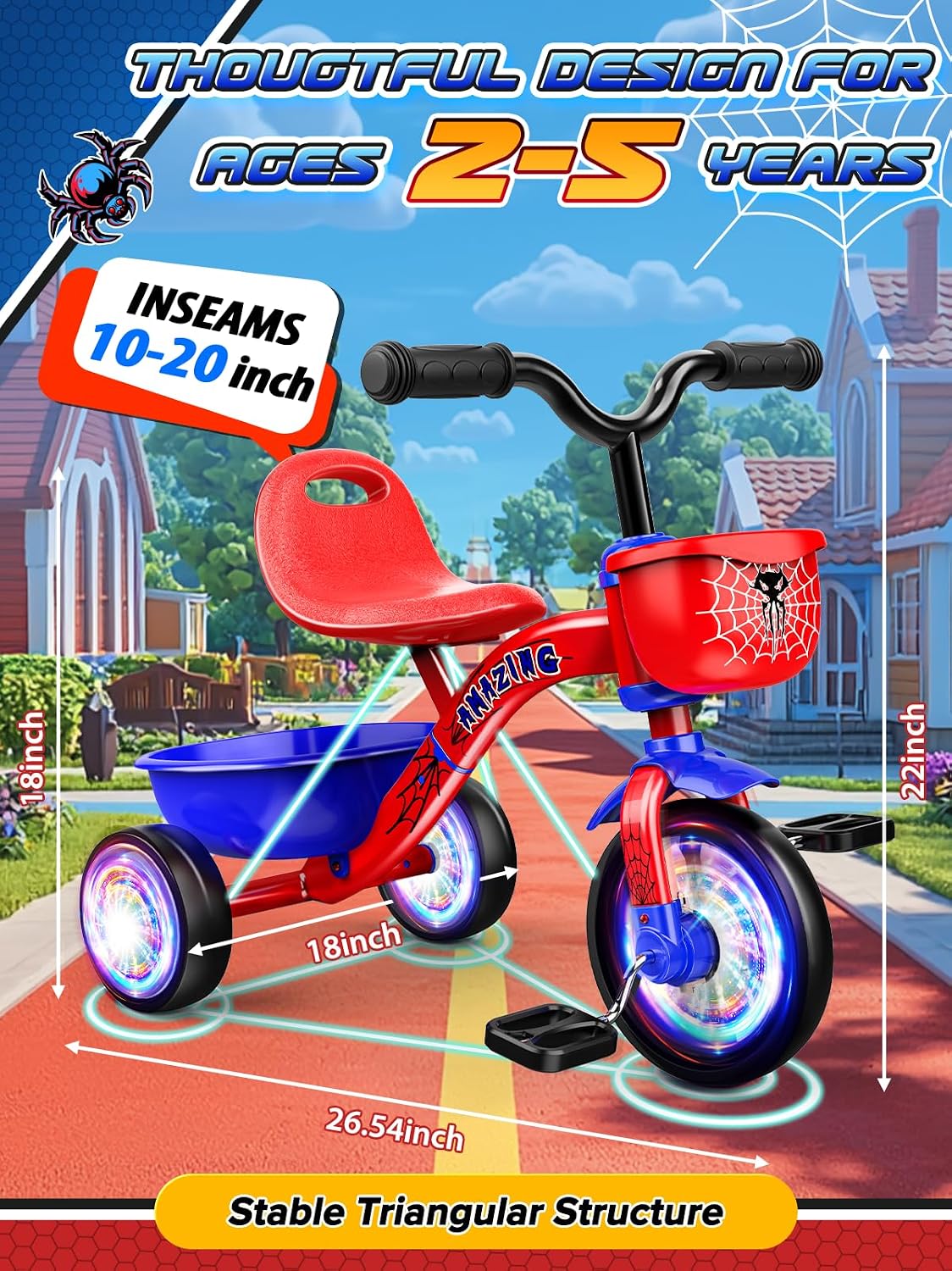 Tricycle for Toddlers 1-3 3-5 Year Olds, Spider Toddler Bike Baby Balance Bike with Colorful Lighting Wheels & Large Basket, Birthday Gift and Toy
