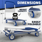 Heavy Duty Foldable Push Cart Dolly | 660 lbs. Capacity | Upgraded Collapsible Hand Truck Folding Platform with Swivel Wheels | Flat Bed Moving Wagon