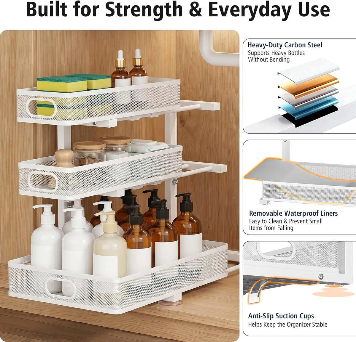 Under Sink Organizer, 3 Tier Pull Out Cabinet Organizer with 5 Adjustable Heights, Metal Under Sink Storage with Sliding Drawers for Kitchen