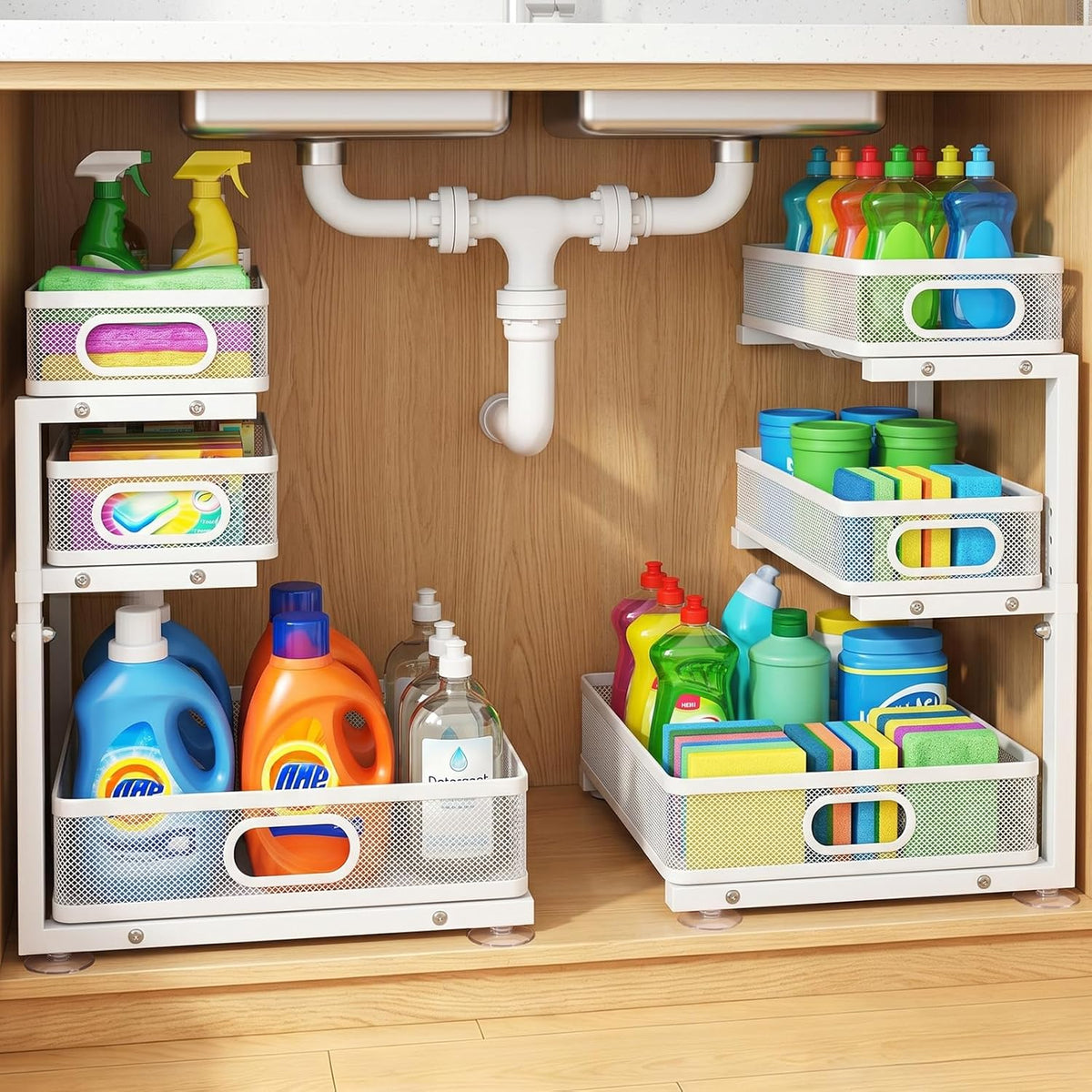 Under Sink Organizer, 3 Tier Pull Out Cabinet Organizer with 5 Adjustable Heights, Metal Under Sink Storage with Sliding Drawers for Kitchen