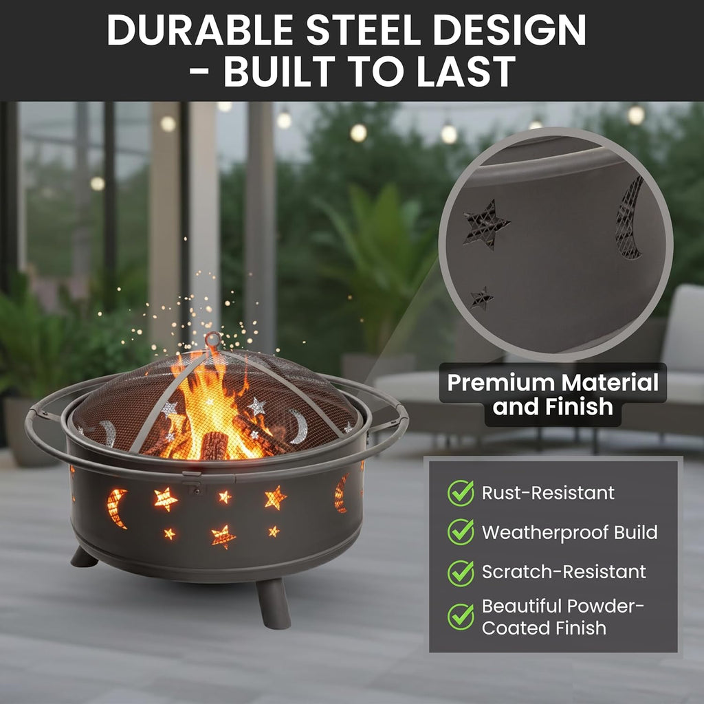 Pure Garden Round Outdoor Fire Pit with Star Cutouts, Black, 32-Inch