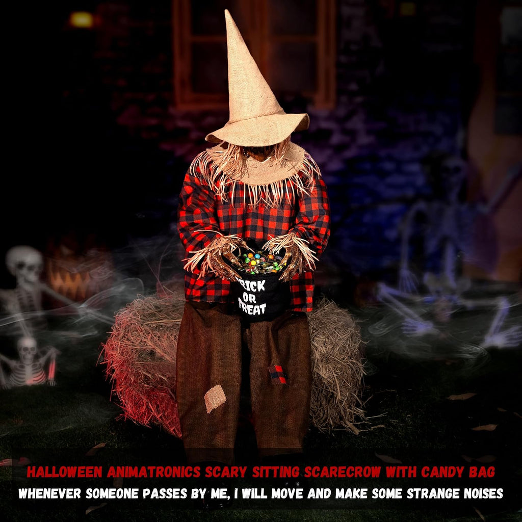 Halloween Animatronics Decorations Scary Sitting Scarecrow with Candy Bag, 55'' Animated Jumpscare Halloween Props with Sound & Motion Activated