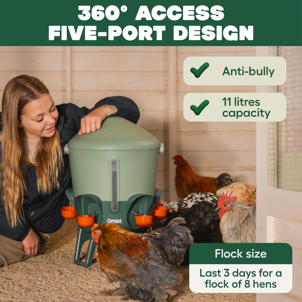 Omlet Insulated Chicken Waterer, 3 Gallon | Automatic Poultry Water Dispenser with 5 Cups & Nipples Included | BPA-Free | Anti-Roost Lid | Sage Green