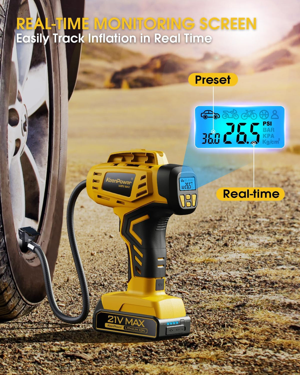 Tire Inflator Portable Air Compressor 21V Battery Powered 160PSI