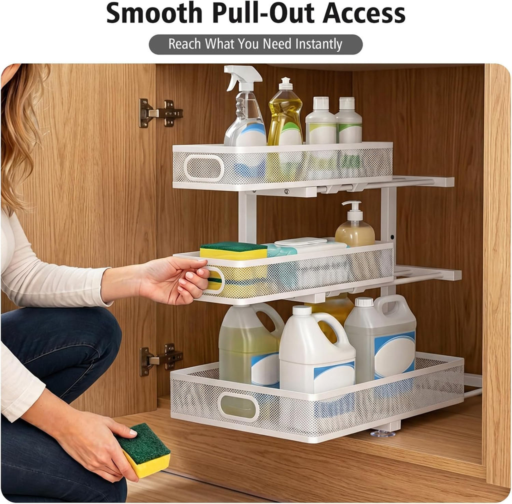 Under Sink Organizer, 3 Tier Pull Out Cabinet Organizer with 5 Adjustable Heights, Metal Under Sink Storage with Sliding Drawers for Kitchen