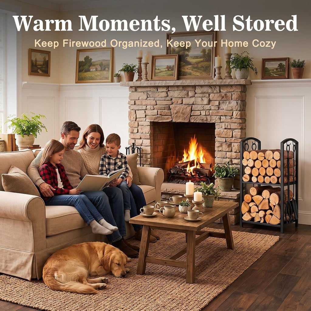 Firewood Rack Log Holder with 4-Piece Fireplace Tool Set, 29" H