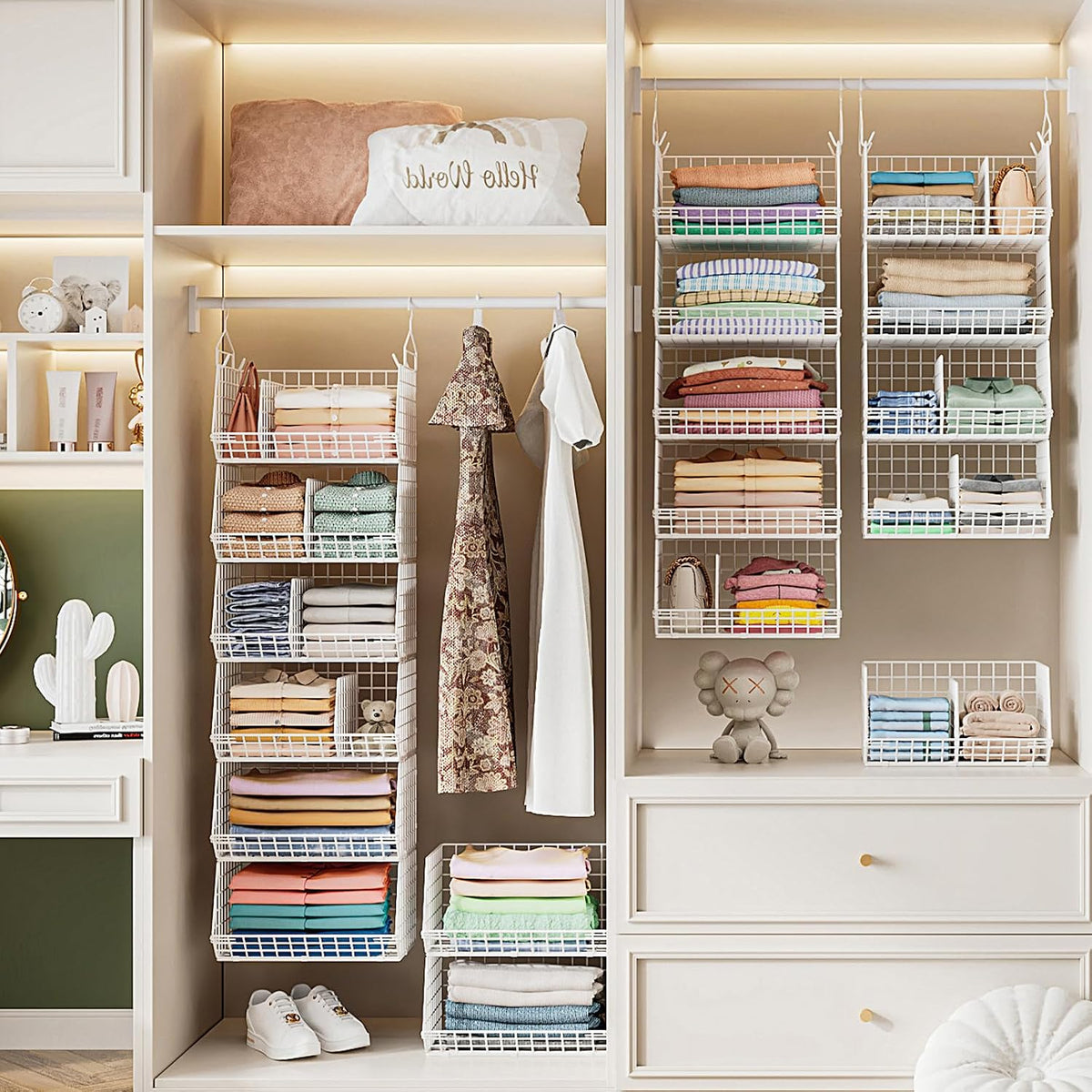 6 Tier Extra Large Hanging Closet Organizer, Closet Storage Hanging with Dividers, Wire Closet Shelf with 5 S Hooks 4 Dividers,Sweater Handbag Hat