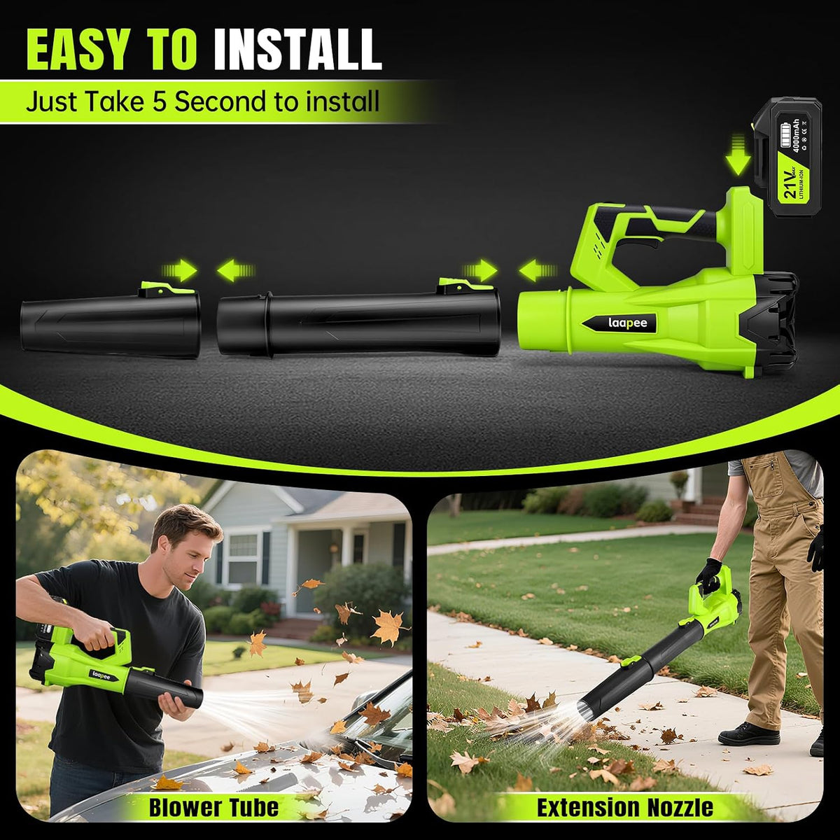Leaf Blower Cordless 650CFM with 2x4.0Ah Battery & Fast Charger, Lime Green