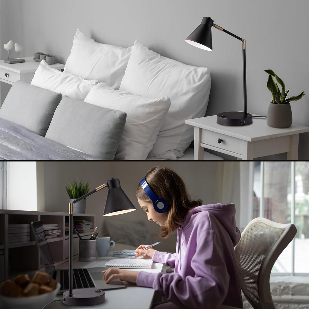 O'Bright Astrum - LED Desk Lamp with Dual USB Charging Ports, 100% Metal, 270 Degree Swivel Arms, Soft White Light (3000K), Bedside & Home Office