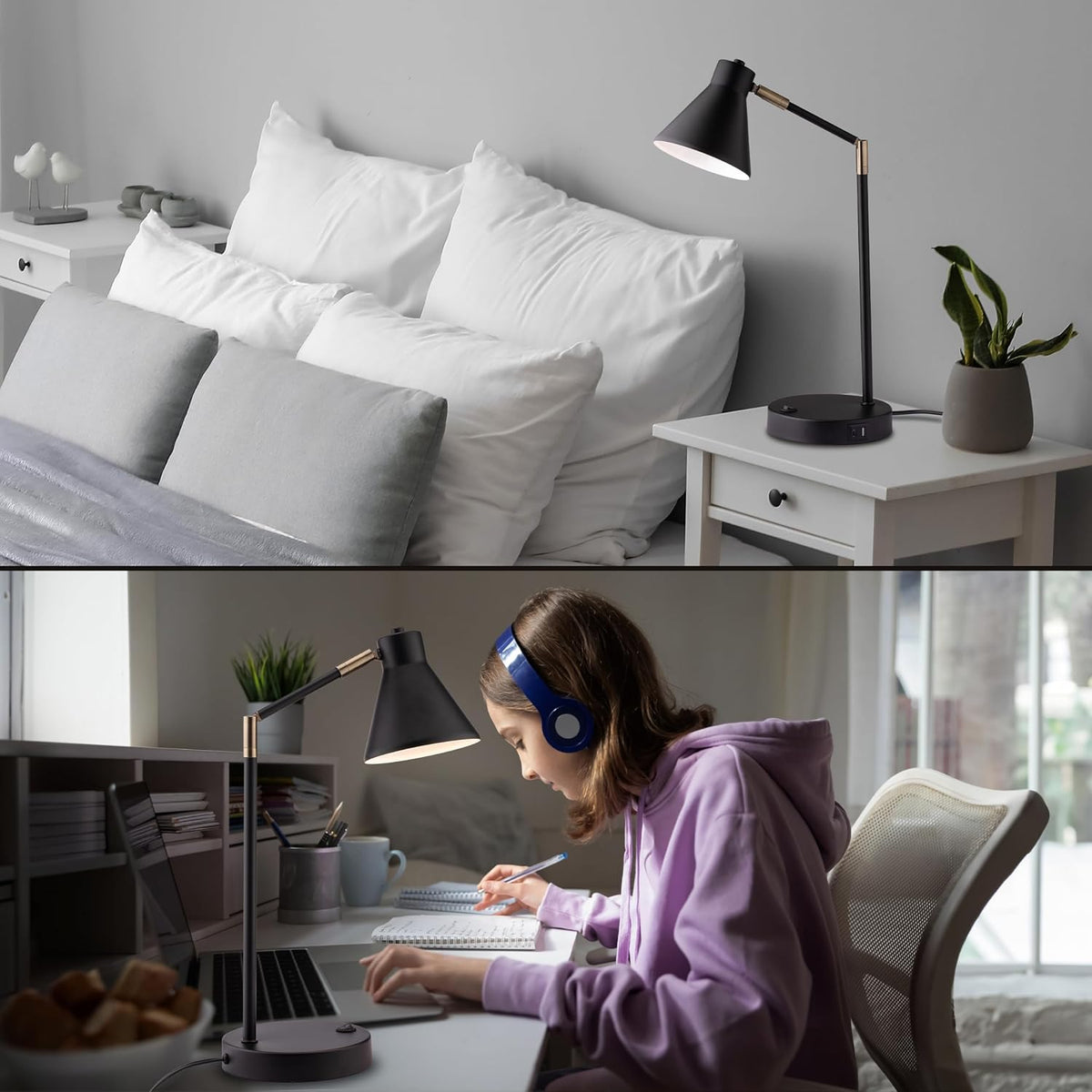 O'Bright Astrum - LED Desk Lamp with Dual USB Charging Ports, 100% Metal, 270 Degree Swivel Arms, Soft White Light (3000K), Bedside & Home Office
