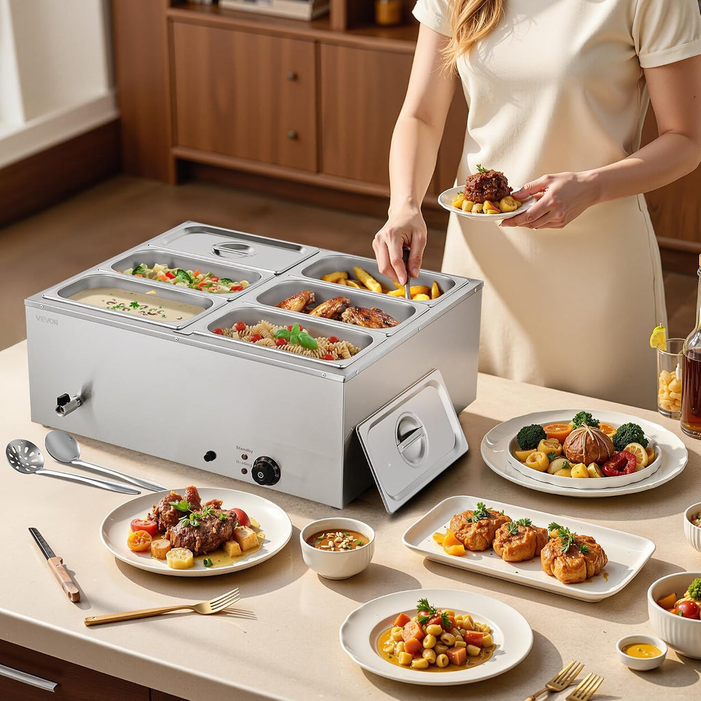 VEVOR 6-Pan Commercial Food Warmer 1500W Electric Steam Table 48QT 6x1/3Pan