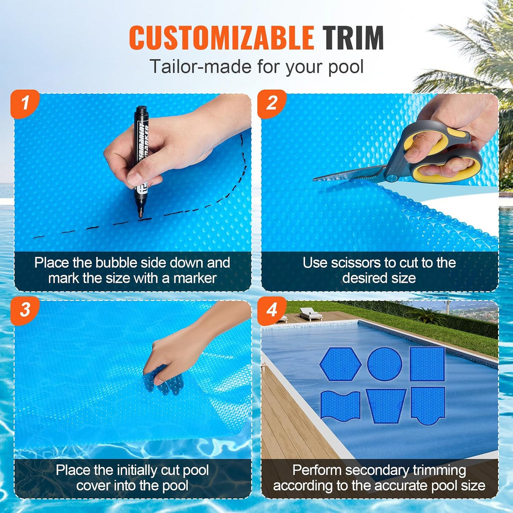 VEVOR Solar Pool Cover, 24 x 12 ft Rectangle Solar Cover 16 mil for Pools, Inground Above Ground Swimming Pool Solar Blanket with Bubble, Heat