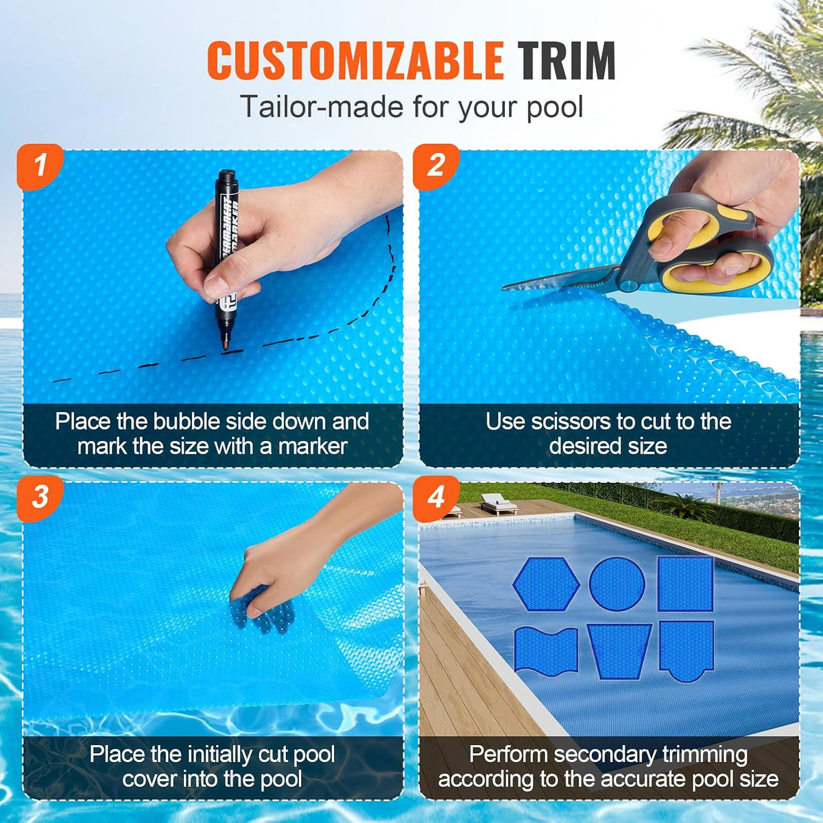 VEVOR Solar Pool Cover, 24 x 12 ft Rectangle Solar Cover 16 mil for Pools, Inground Above Ground Swimming Pool Solar Blanket with Bubble, Heat