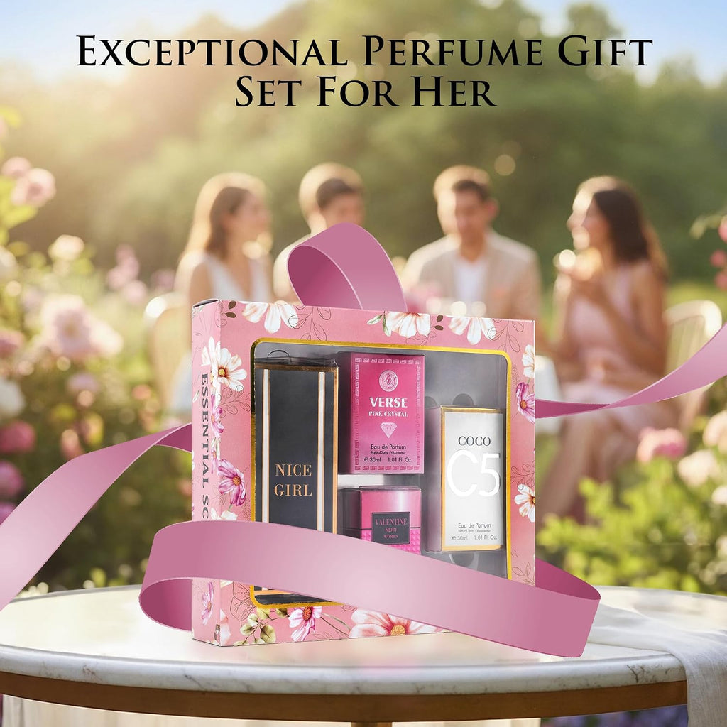 Essential 4 PC Mini Perfume Set, Birthday Gift Set for Women, Eau De Parfum 30ml Each, Vanilla Perfume & Floral Fragrance, Long-Lasting Travel Size