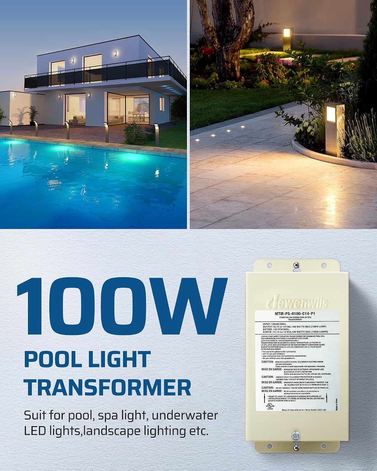 DEWENWILS 100W Pool Light Transformer, 12V/13V/14V