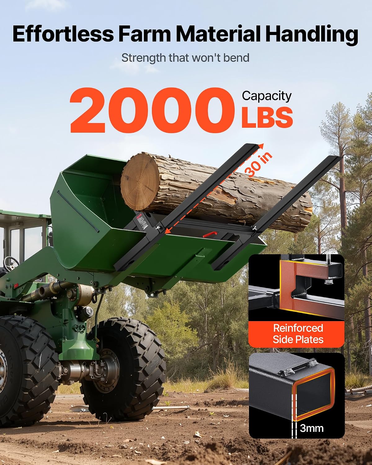 VEVOR Pallet Forks, 2000 lbs Clamp on Pallet Forks, 43-Inch Total Length Heavy-Duty Tractor Fork with Adjustable Stabilizer Bar for Tractor
