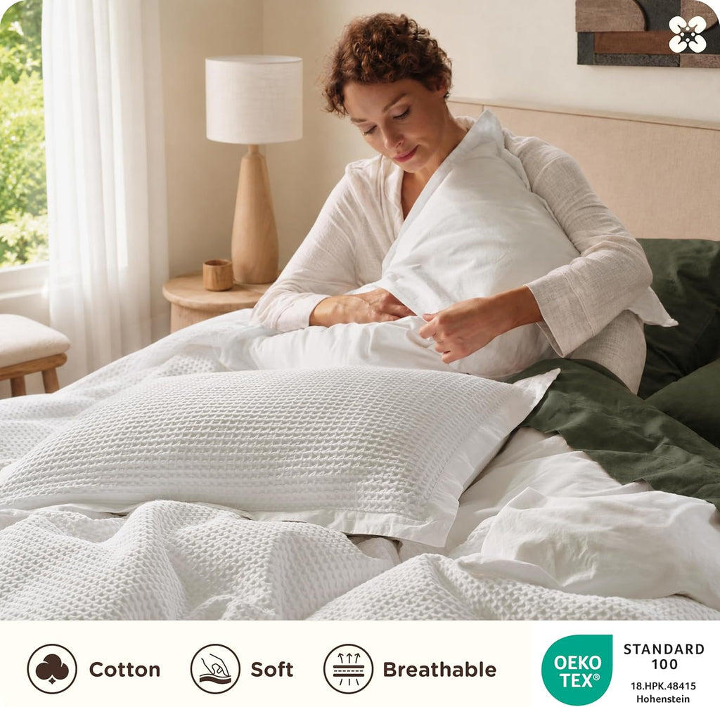 Bedsure PureWoven 3 Pieces 100% Cotton Waffle Duvet Cover Set, Queen, White